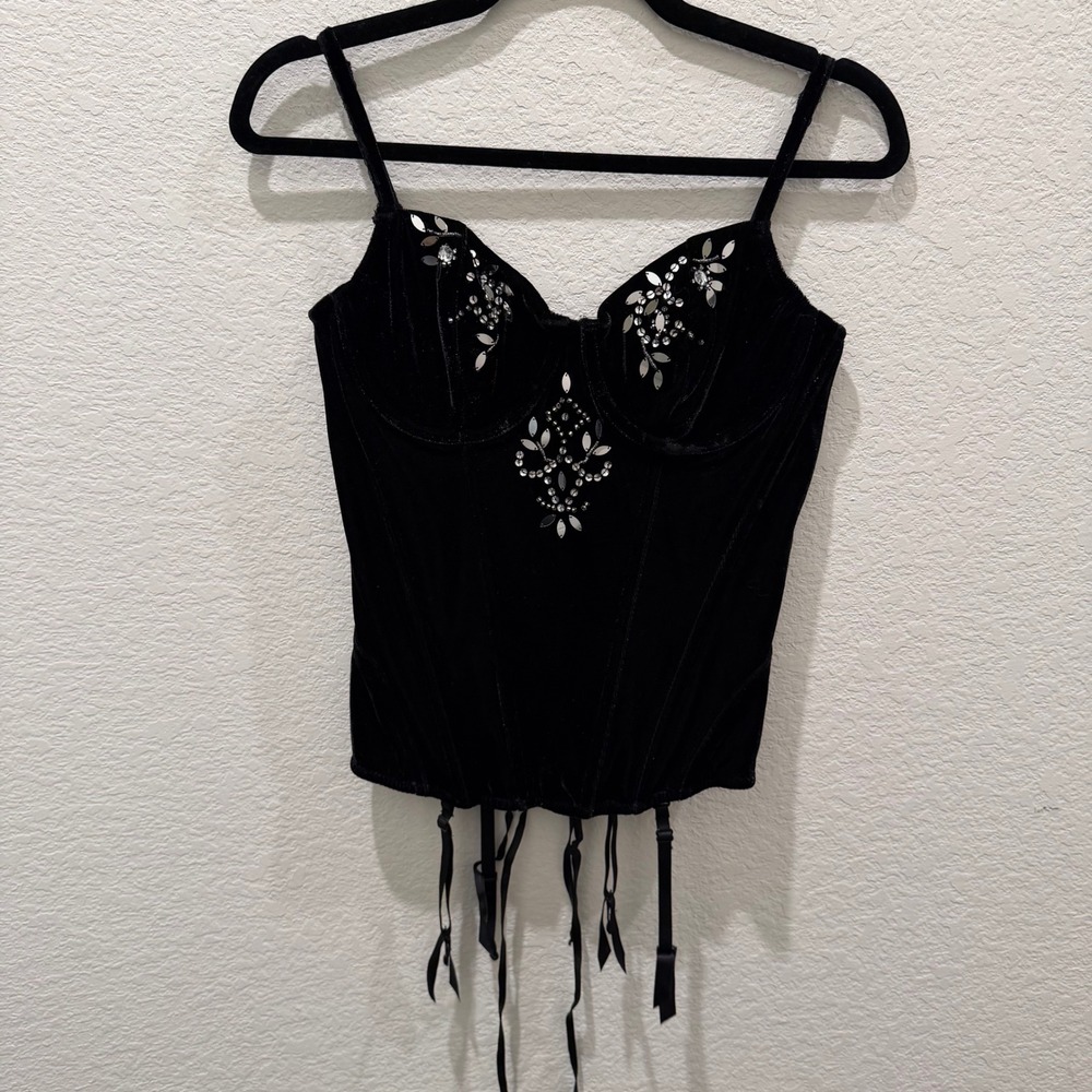 Fredericks of Hollywood Black Velvet Sequin Lace Up Corset Garter Top NWT